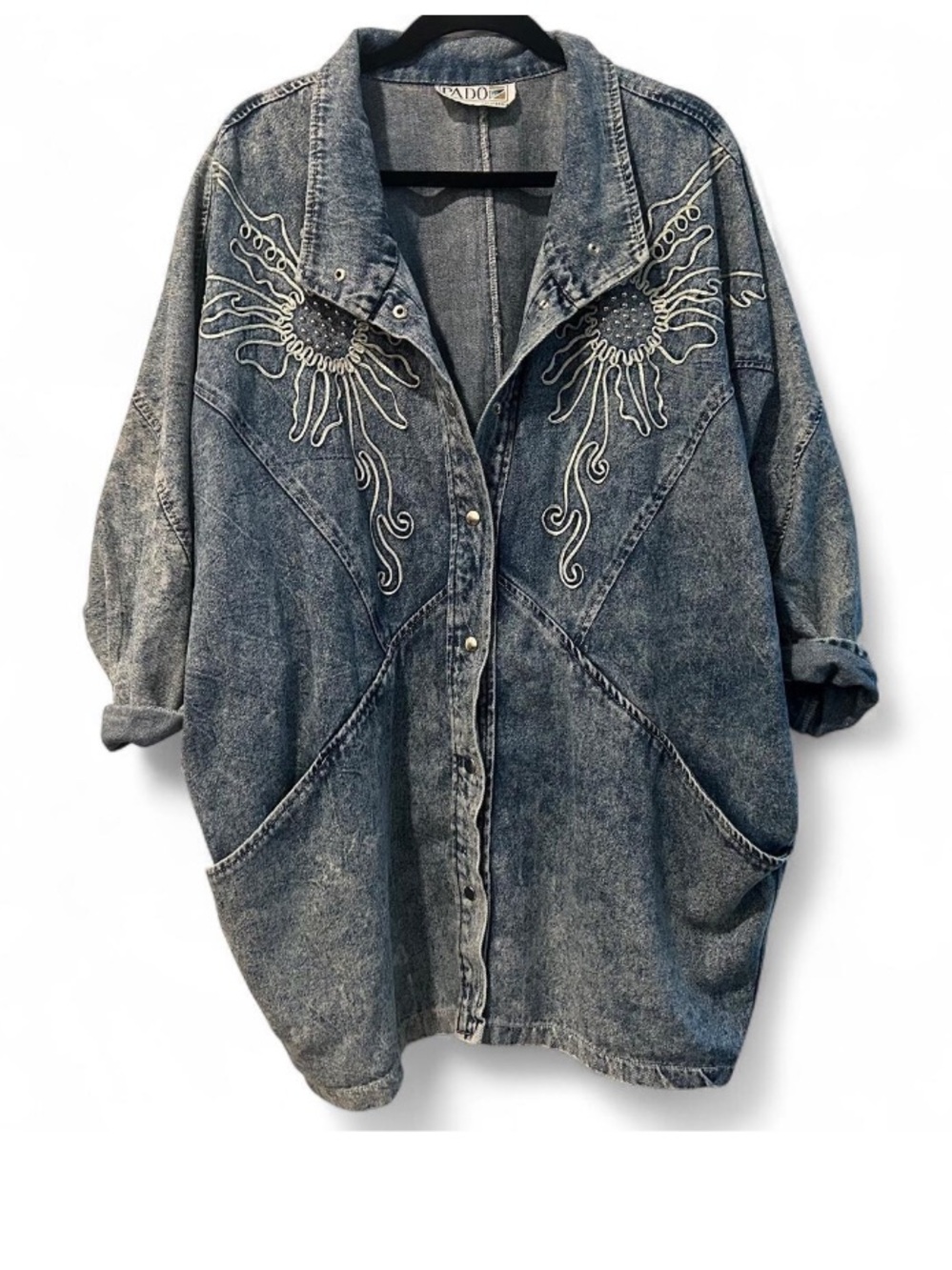 Vintage 80s Retro Acid Wash Denim Jacket Floral Embroidery Oversized Autumncore